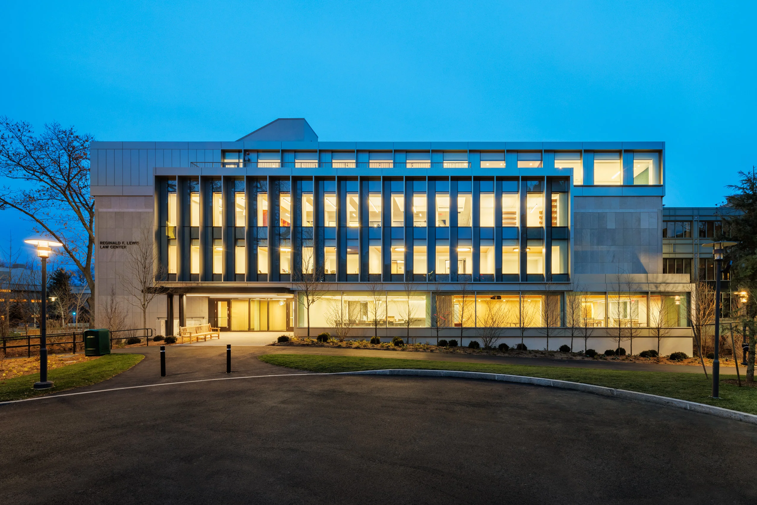 The Reginald F. Lewis International Law Center at Harvard Law School, at dusk